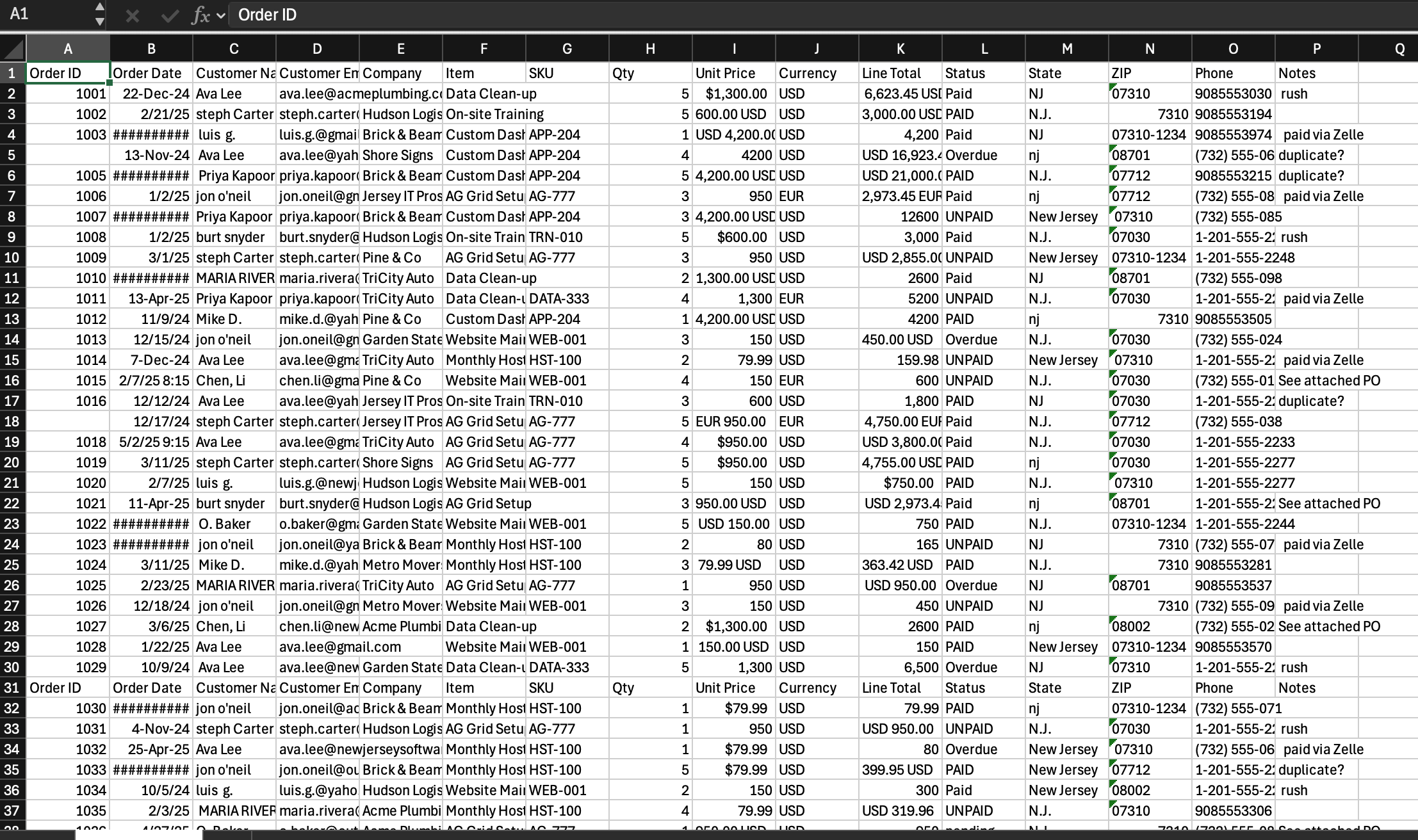 Orders spreadsheet before cleanup: mixed dates, currencies, and duplicates