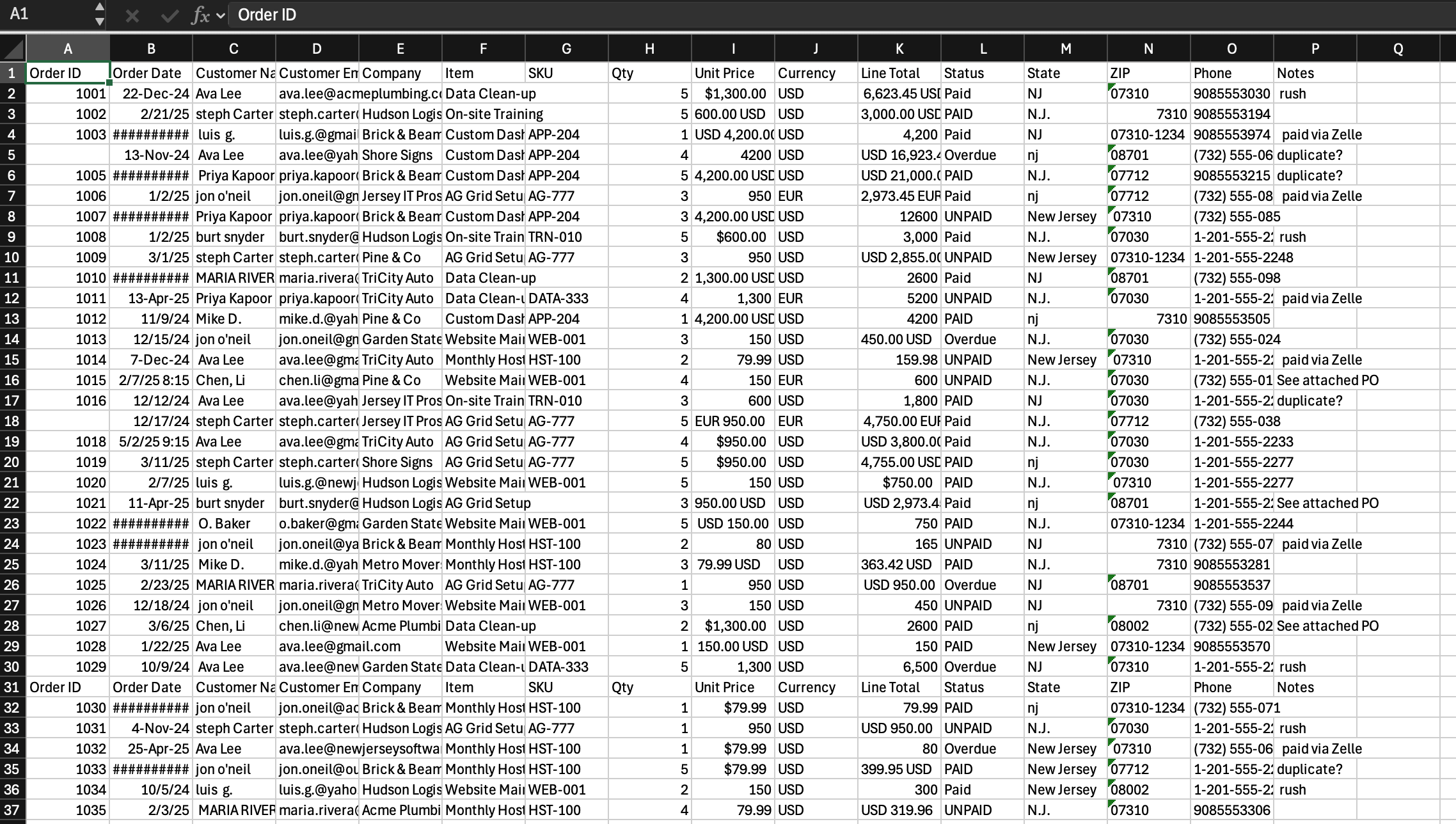 Orders spreadsheet before cleanup: mixed dates, currencies, and duplicates